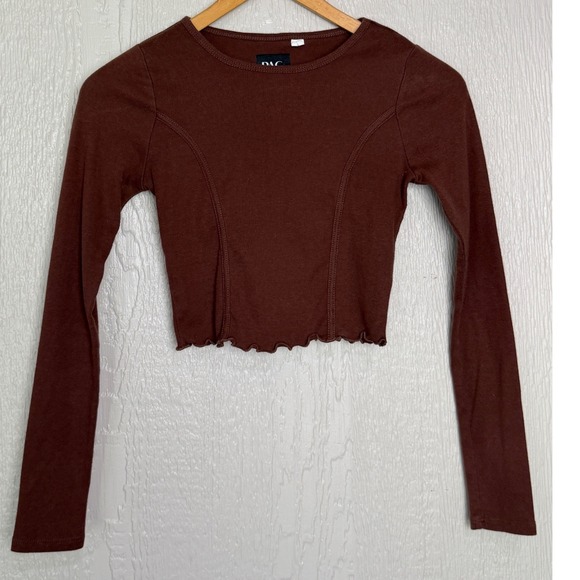 PacSun Tops - PacSun Pac Cares Brown Ribbed Long Sleeve Crop Top Lettuce Hem XS